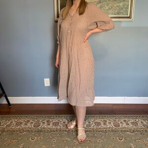 The GREAT. Mauve & Cream Striped Cowl Neck 100% Cotton 3/4 Puff Sleeve Dress, S
